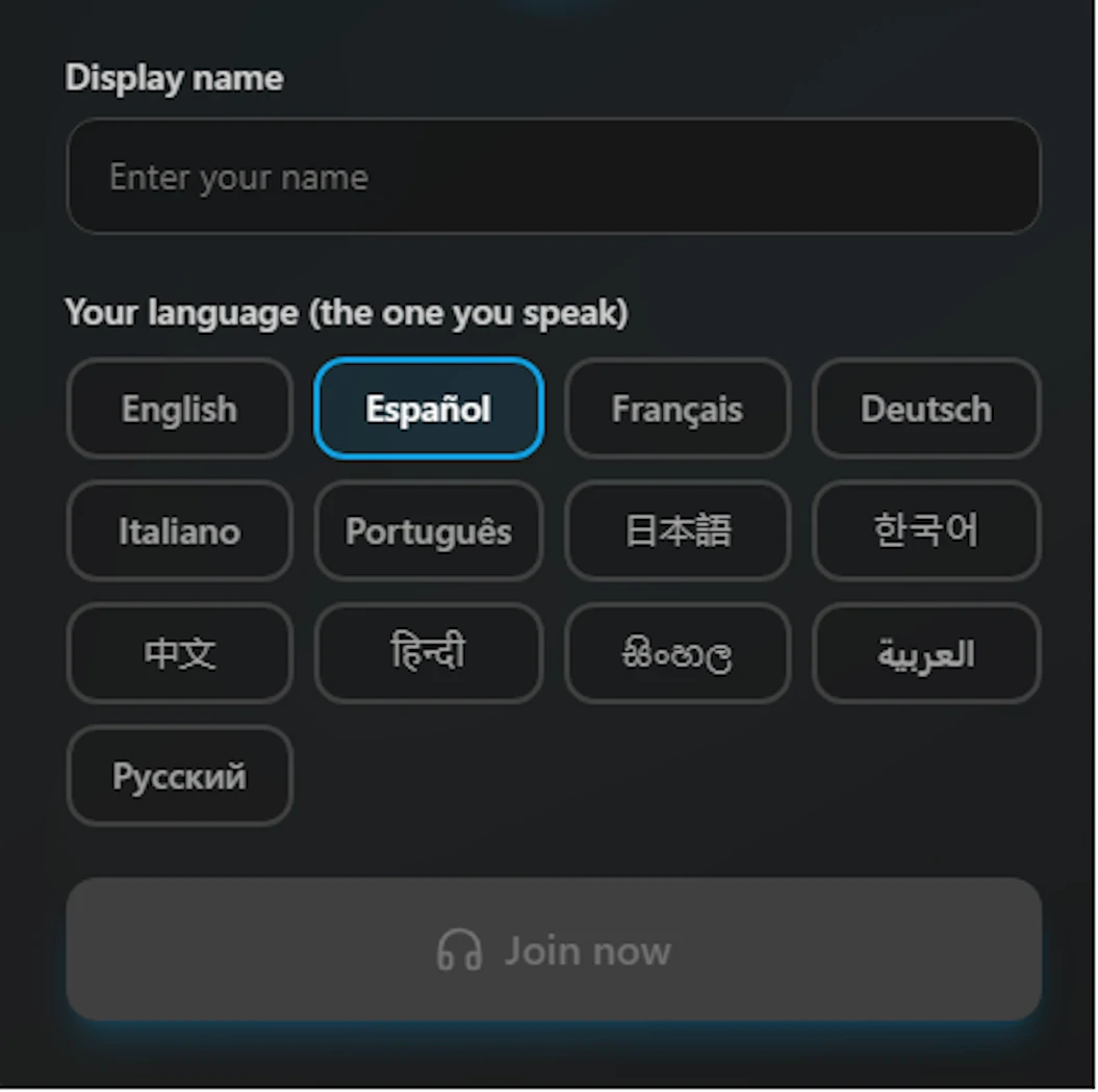 OlyLive join screen with the language selector