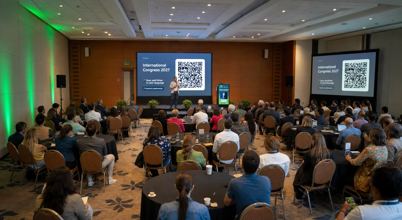 International conference where attendees listen to the speaker in their own language while the screens show the OlyLive QR code
